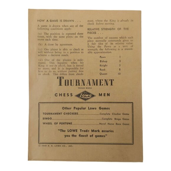 E S Lowe Co. Staunton Pattern Tournament Plastic Chessmen No. 809 Vintage 1945 - Picture 7 of 14